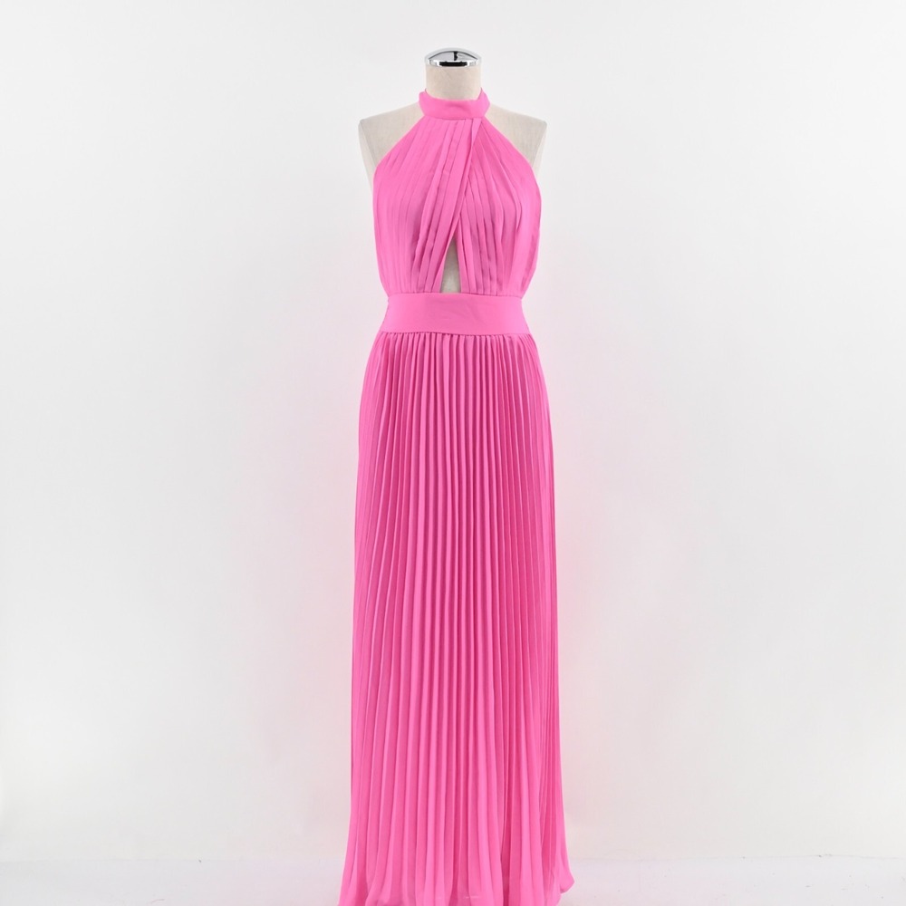 Pink Lily Hot Pink Pleated Maxi Halter Dress